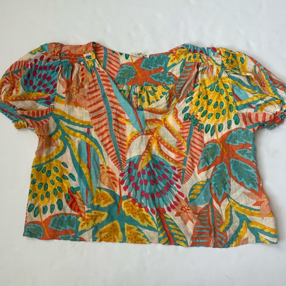 Christian Siriano Tropical Boho puff sleeve Women’s XL  Teal and Orange  Top